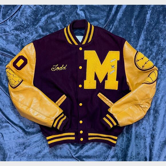VTG 90s DeLong Varsity Letterman Jacket Wool Leather Maroon Gold Size 42M Preppy - Picture 1 of 12